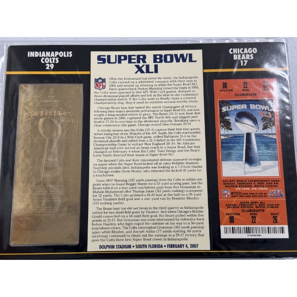 Authentic 2007 Super Bowl XLI NFL Football Ticket & 24K Gold Plated Ticket - Mint Condition
