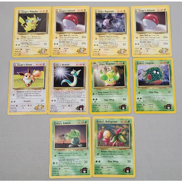 (10) Vintage Pokémon Trading Cards From The Gym Heroes Expansion Set Ft Lt Surge's Pikachu