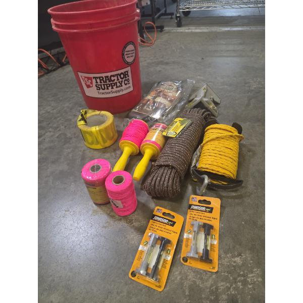 TSC 5 Gallon Bucket, Bucket Bag, Line Reels And String, Caution Tape, Corner Level, 75ft Poly Rope, 