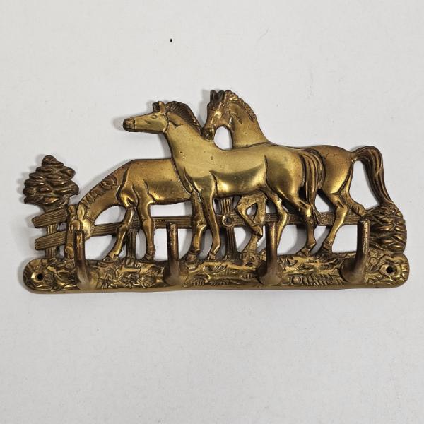 Vintage Solid Brass 3 Horses Fence Wall Mount Key & Coat Hanger Hook Rack