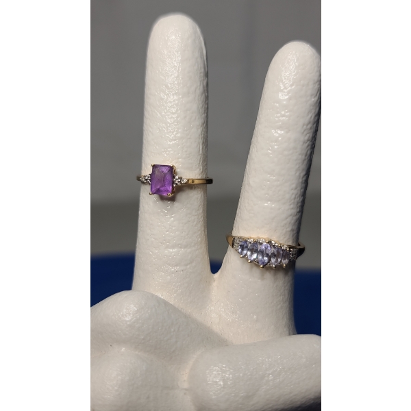 10K Gold African Amethyst Diamond Ring & 10K Gold Tanzanite Diamond Ring - Total Weight: 3.2g