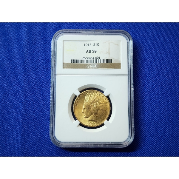 Excellent 1912 $10 Indian Head Gold Eagle Graded by NGC as AU 58 AGW: 0.484oz