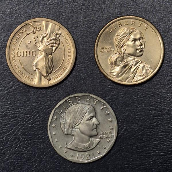 3 Pcs US Dollar Coins Incl: OHIO $1, Sacagawea $1 & $1 Susan B Anthony Unc  - See PIcs