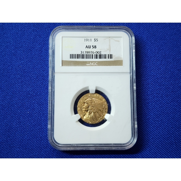 1911 $5 Indian Head Gold Half Eagle Graded AU 58 by NGC AGW: 0.242oz