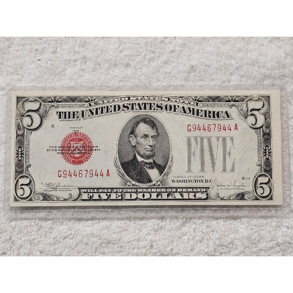 U.S. 1928 $5 Red Seal Bank Note in Protective Casing
