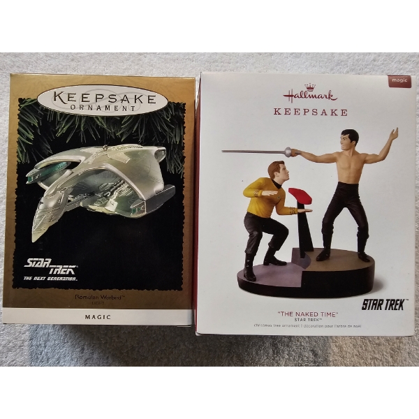 Star Trek - 2 Hallmark Keepsakes Ornaments - Romulan Warbird and "The Naked Time" with Boxes