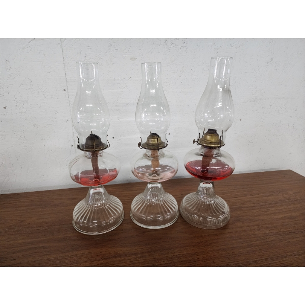 (3) Beautiful Vintage Clear Glass Oil Lamps - About 19in Tall