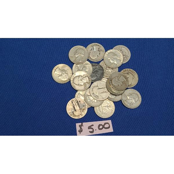 Assorted Years/Mint Marks 90% Silver Washington/Standing Liberty Quarters - Face Value: $5.00