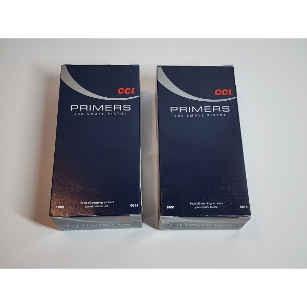 2 Full Boxes of CCI 500 Small Pistol Primers - 2000 Count Total