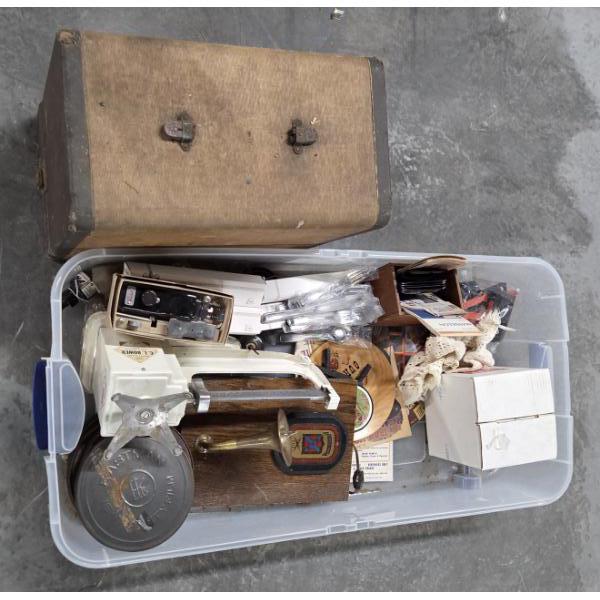 Large Collection Of Vintage Items Including Singer Sewing Machine, Movies In Tins, Glass Ink Bottles