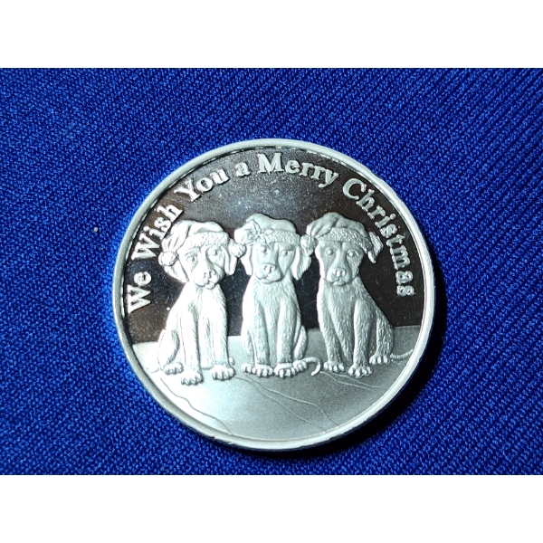 2008 We Wish You A Merry Christmas Dogs Silver Round - 1 Troy oz .999 Fine Silver 