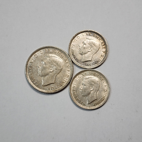 3 Sterling Silver Australian Coins: x1 1943 Six Pence & x2 1943 Three Pence TOTAL ASW: 0.168ozt
