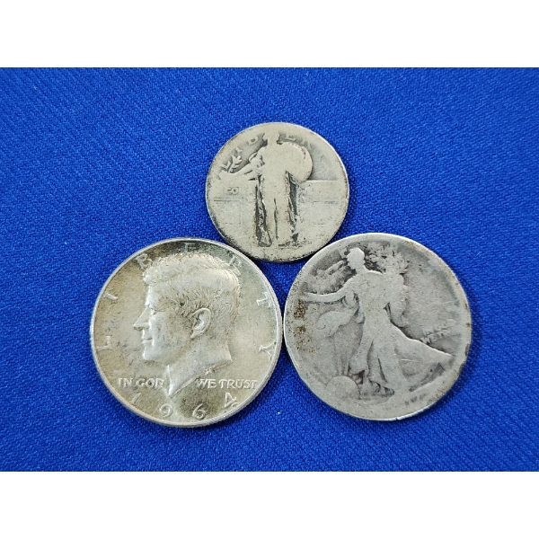 x3 U.S. 90% Silver Coins: 1964 Kennedy Half Dollar, Unknown Year Quarter & Half Dollar FV: $1.25