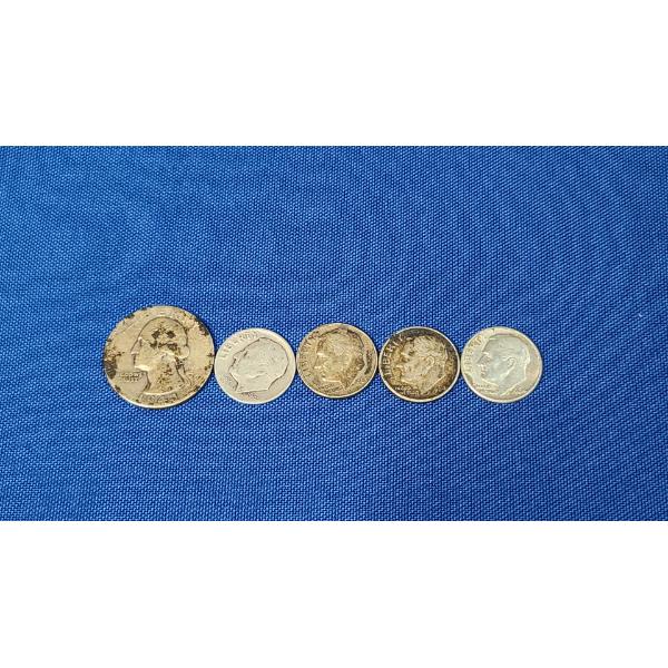 1943 Silver Washington Head Quarter, 1946, 1963 & 1964 Silver Roosevelt Dimes- Face Value: 0.65 Cent