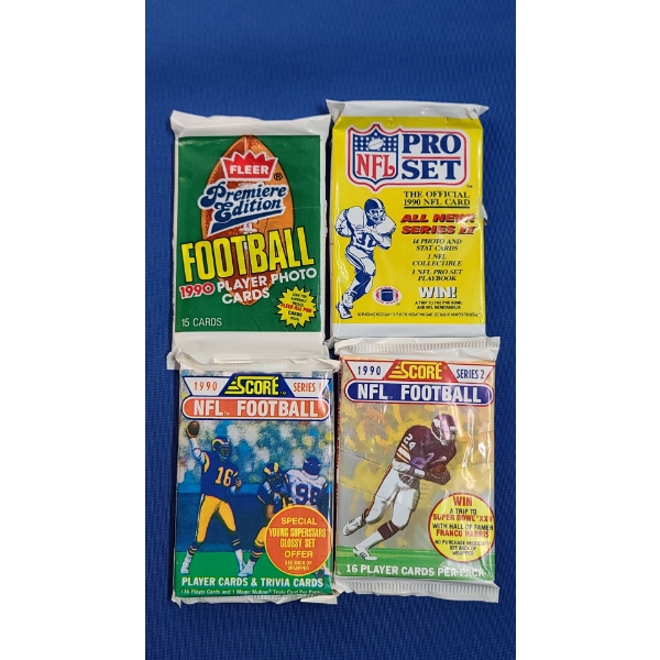 (4) Unopened 1990 Fleer, NFL Pro Set, Score Football Card Packs 