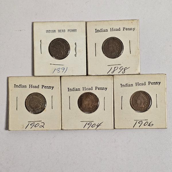 Five Circulated United States Indian Head Pennies Ranging From 1891 To 1906