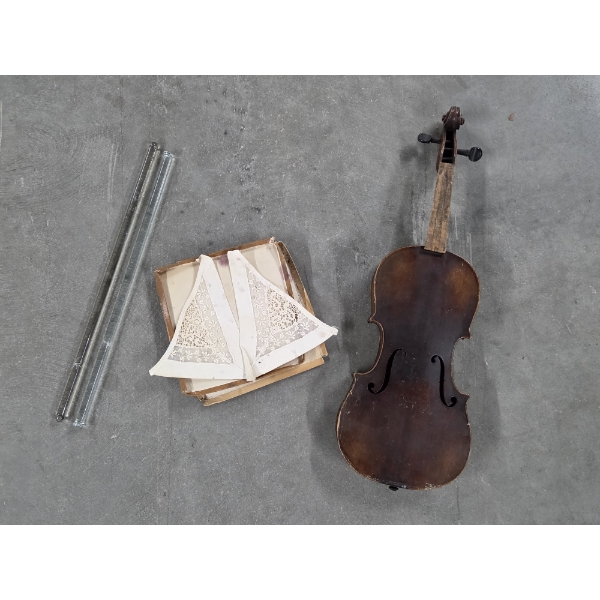 Vintage French Violin, Lace Squares And Glass Towel Rods