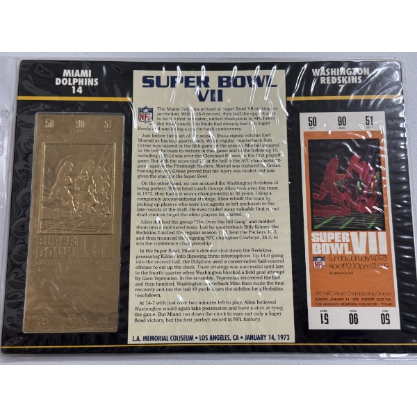 Authentic 1973 Super Bowl VII NFL Football Ticket & 24K Gold Plated Ticket - Mint Condition