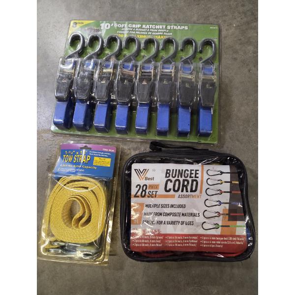 New! 8 Pack Of 10' Soft Grip Ratchet Straps, 28 Piece Bungee Cord Set, And 15' Tow Strap
