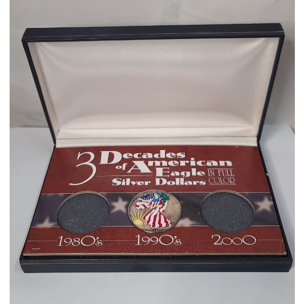 Colorized 1997 One Ounce .999 Fine Silver American Eagle In 3 Decades Of American Eagle Dollar Case