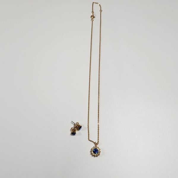 Stunning Gold-Tone Earring & Necklace with Deep Blue Gemstones Matching Set 