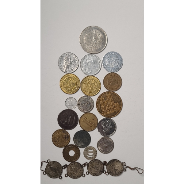 Collection Of Vintage World Coins, Tokens, Promotional Medals & British Farthing Coin Bracelet