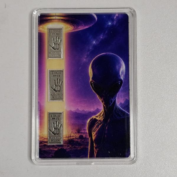 Black Hand Bullion Alien UFO Theme Card With 3 1g .999 Fine Silver Bars - ASW 0.0965 ozt