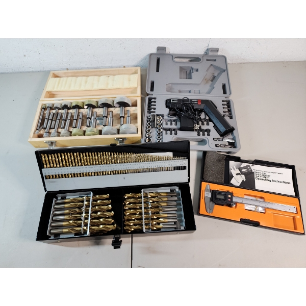 Lot of Assorted Tools: Drill Bit Set, Electronic Digital Caliper, Forstner Bits, Electric Screwdrive