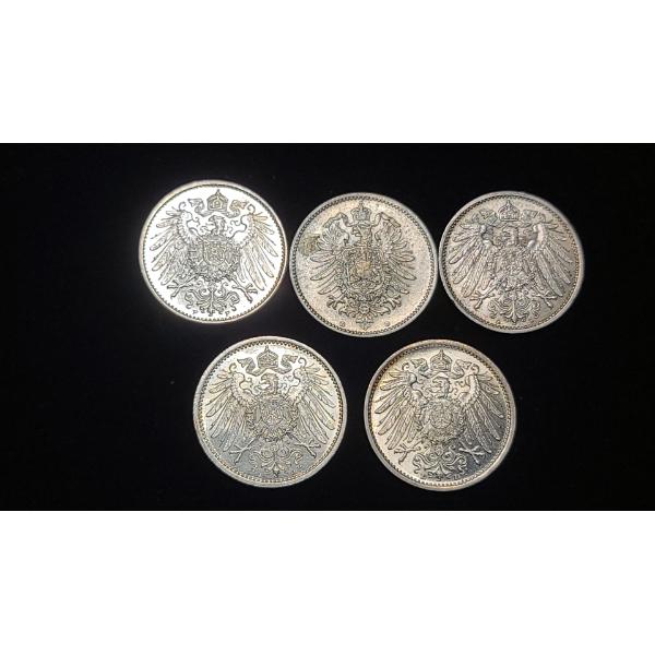 (5) German Empire 1 Mark 0.9000 Silver Coins - ASW:0.1606oz