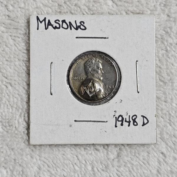 1948-D United States Lincoln Wheat Cent Counterstamped with Masonic Square And Compasses