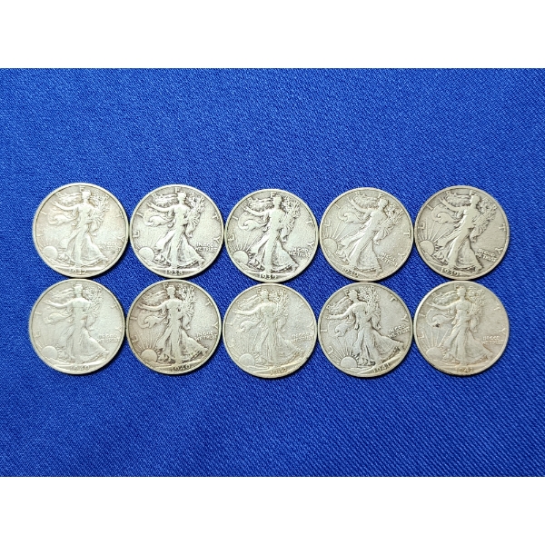 x10 Assorted Years 90% Silver Walking Liberty Half Dollars FV: $5.00