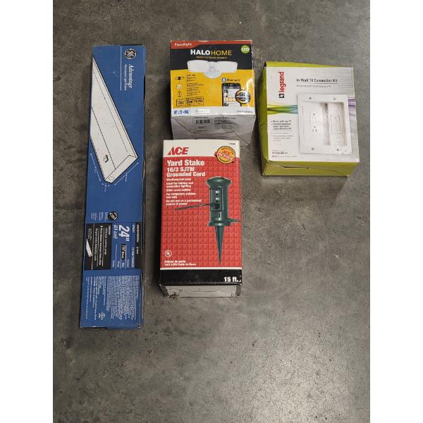 All Brand New- LED Halo Flood Light, 24'' Fluorescent Light, Yard Stake Cord & More