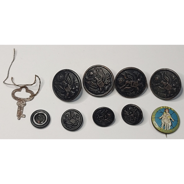 Vintage World War I Era Military Uniform Buttons, Antique Community Charity Pinback Button & More