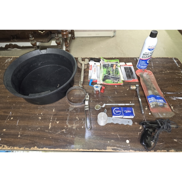 Assorted Car Related Items incl Brake Parts Cleaner, Tire Plug Kit, Carburetors and More