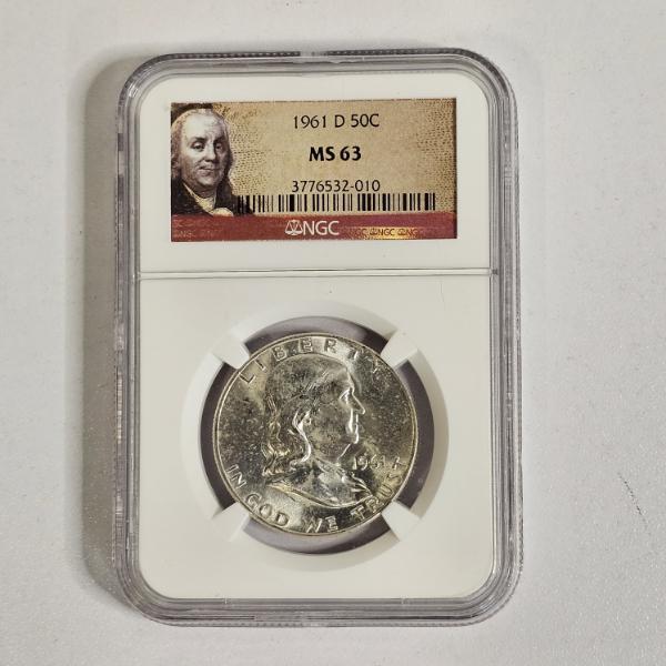 1961-D 90% Silver Franklin Half Dollar, graded by the Numismatic Guaranty Company (NGC) as MS 63