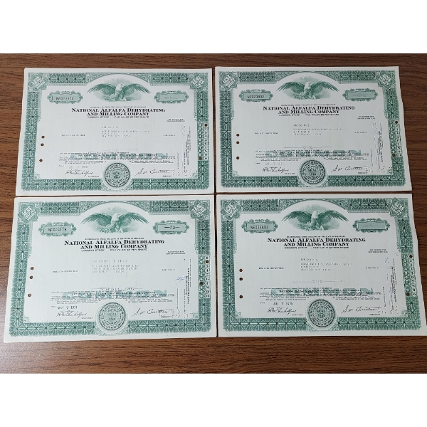 Lot of (4) National Alfalfa Dehydrating and Milling Company Stock Certificates - Stamped 1971 & 1970