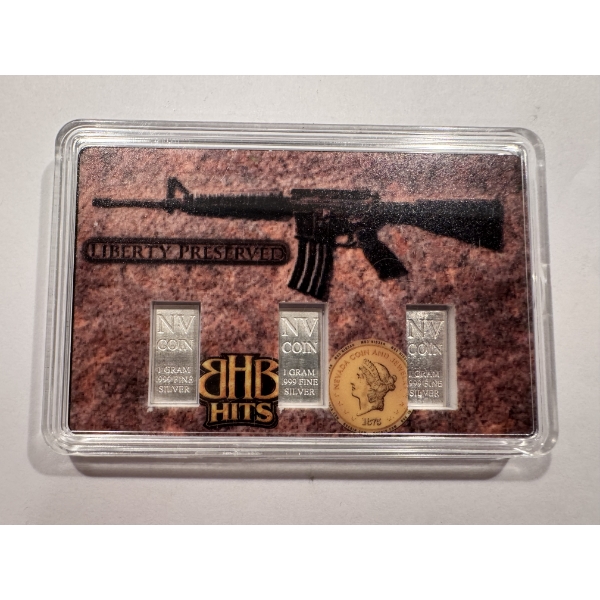 LIBERTY PRESERVED NEVADA COIN 3 ONE Gram .999 Fine Silver Bars In Display Case - Mint Condition