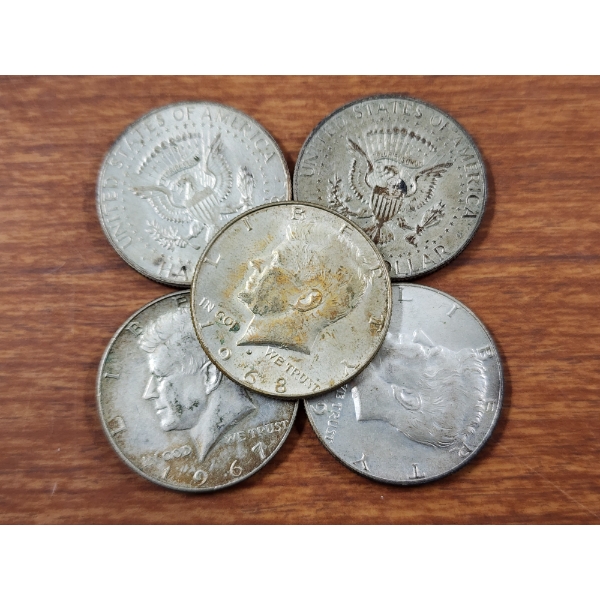 Five Assorted 40% Silver Kennedy Half Dollars