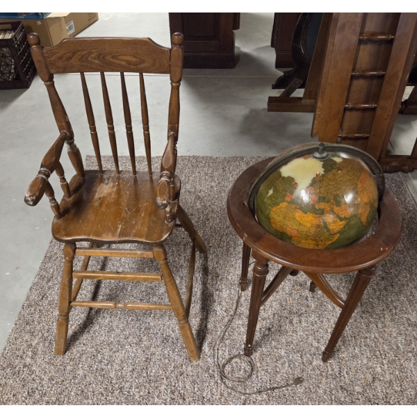 *Pick Up At Mantua Home-No Shipping Available* Vintage Wood Childs High Chair & Lighted Globe In Woo