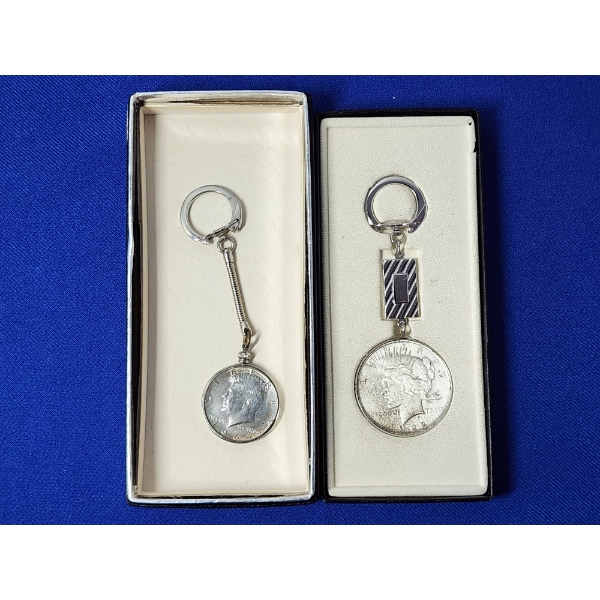 Two 90% Silver Coin Keychains: 1964 Kennedy & 1922 Peace Dollar