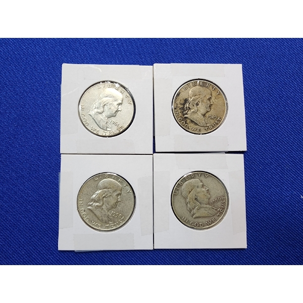4 Silver Franklin Half Dollars Years: 1961, 1949, 1958, 1950 FV: $2.00