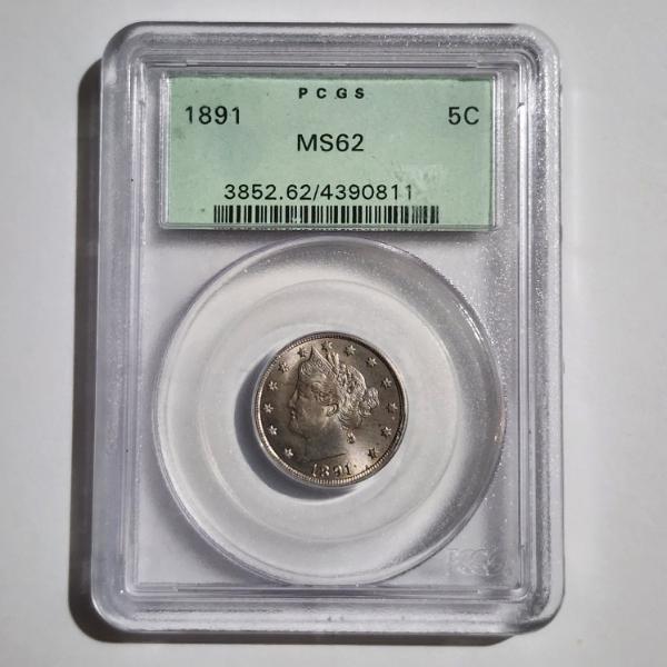 PCGS MS62 GRADED 1891 United States Liberty V Nickel in OLDER GREEN CARD SLAB!