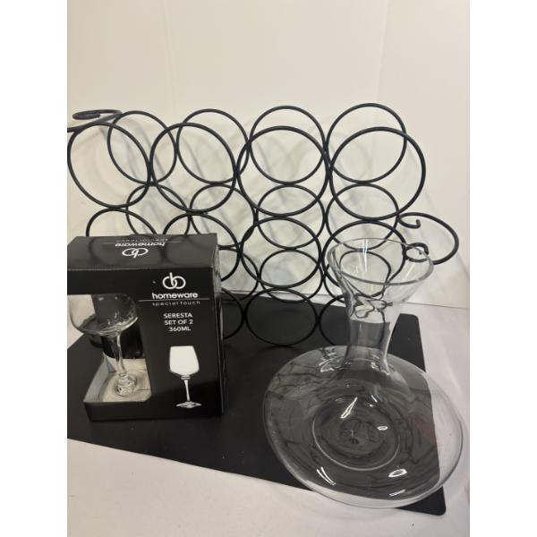 Wine Rack - Glass Wine Decanter - Homeware set of 2 Wine Glasses