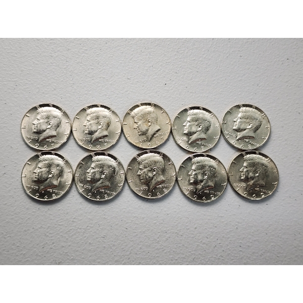 x10 Assorted Years 40% Silver Kennedy Half Dollars FV: $5.00