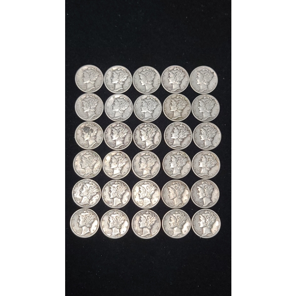 Assorted Years/Mint Marks 90% Silver Mercury Head Dimes - Face Value: $3.00