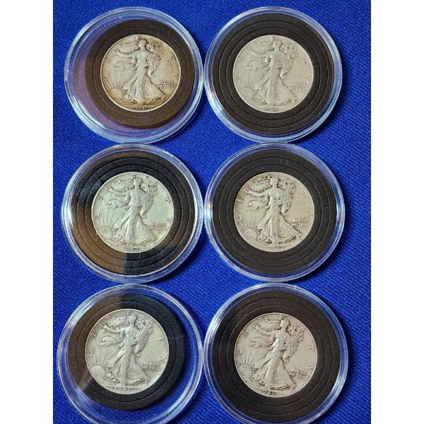 x6 Assorted Years 90% Silver Walking Liberty Half Dollars in Capsules FV: $3.00