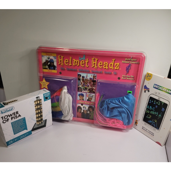 Tower Of Pisa Building Blocks, Helmet Headz And LCD Writing Tablet