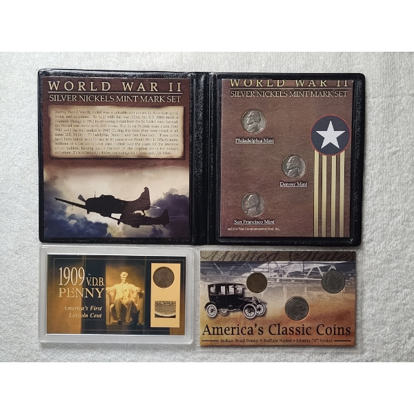 Three Assorted Coin Displays Ft. WWII Silver Nickel Set, 1909 VDB Penny & America's Classic Coins