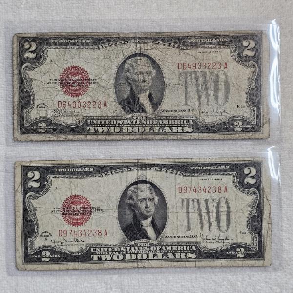 Two United States Series of 1928 Red Seal $2 Bills FV: $4.00