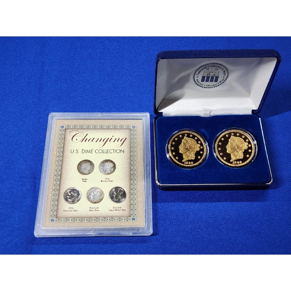 (2) 1849 Twenty D Gold Plated Copy Coins & U.S. Dime Collection - Including Silver